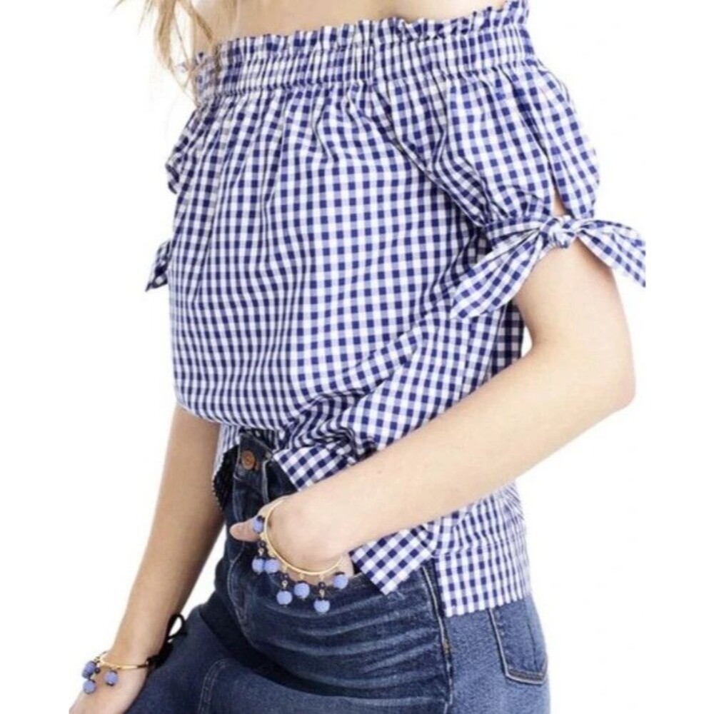JCrew Blue & White Gingham Off Shoulder Short Sleeve blouse w/ bow detail sz 00P